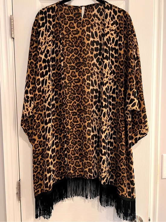 cezanne Other - Kimono Fringe Leopard Print Open Front Cardigan Brown Black Animal XL